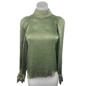 H&M NWT Olive Green Satin Mock Neck Puff Sleeve Back Keyhole Blouse Top Size 2